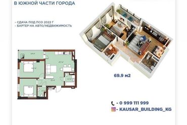 продается квартира в бишкеке: 3 комнаты, 70 м², Элитка, 3 этаж, ПСО (под самоотделку)