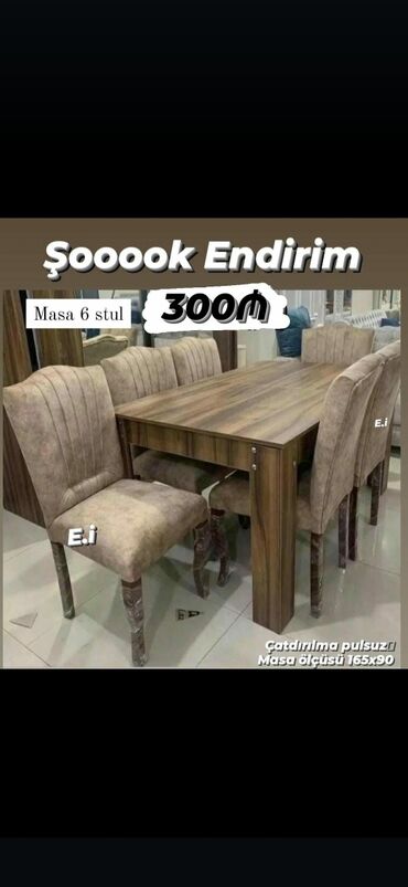 Masa və oturacaq dəstləri: Qonaq otağı üçün, Yeni, Açılmayan, Dördbucaq masa, 6 stul — 26