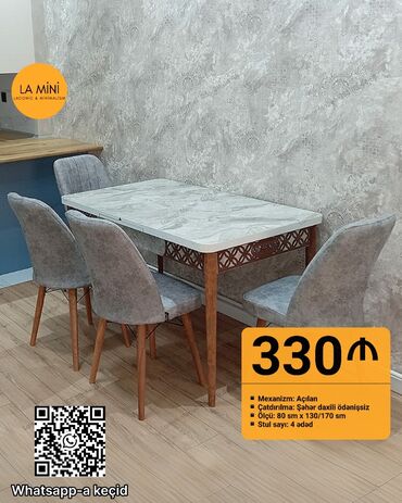 Masa və oturacaq dəstləri: Mətbəx üçün, Açılan, Dördbucaq masa, 4 stul