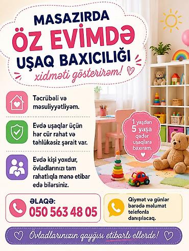 gencede xeste baxicisi: Masazırda öz evimdə uşaq baxıcılığı xidməti. - 1 yaşdan 5 yaşa qədər — 1