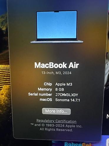 apple macbook air m1: Apple MacBook Air 13" (M3, 2024) - Çip: Apple M3 - Operativ yaddaş: 8 — 3