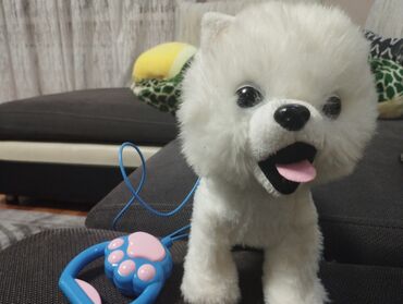 Игрушки: Белая собака с поводком. Собака поющая на поводок нажимаете и она