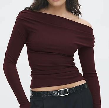 bordo şalvar: Qadın uzunqollu bluz – tek çiyin açıq model - Rəng: tünd bordo - — 1