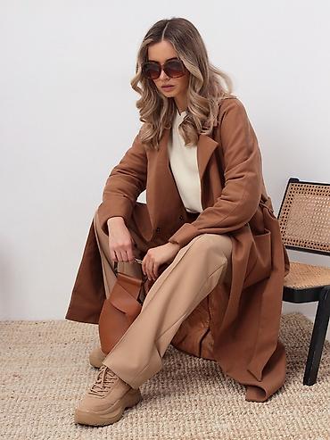 Пальто: Женское пальто-халат в карамельно-латте оттенке Элегантная базовая — 7