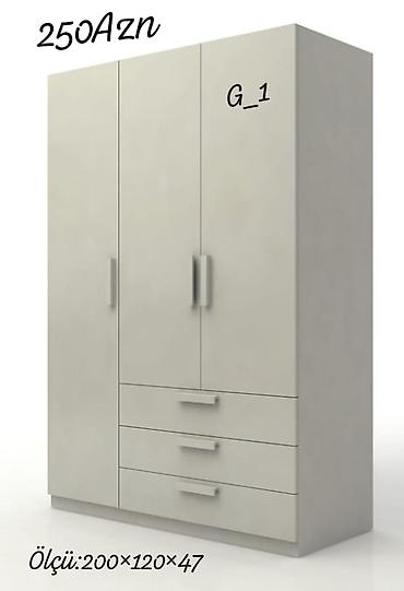 3 qapılı dolab. Ölçüsü: 200 x 120 x 47 sm Açıq krem/ağ rəngdə sadə
