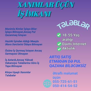 Digər ixtisaslar: Əziz xanimlar.Onlayn iş bəlkədə sizlərə vaxt itgisi kimi gələ