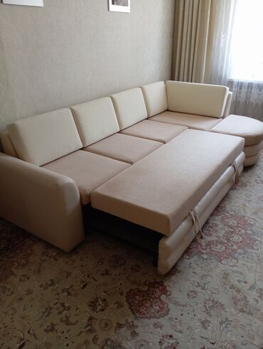 кожа диван: Угловой диван, цвет - Бежевый, Новый