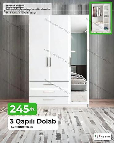 perla dolab: 3 qapılı dolab – 47×200×120 sm • Material: 18 mm laminat • Daxili — 1