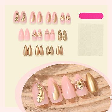 nakit set: Set presovanih (press-on) noktiju – roze baza sa zlatnim 3D detaljima — 3