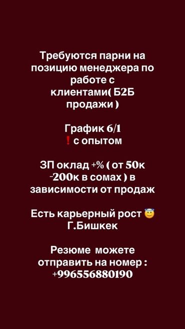 ищу работу менеджера по продажам: Талап кылынат Сатуу боюнча менеджер, Иш тартиби: Алты күндүк, Толук жумуш күнү, Карьера жактан көтөрүлүү