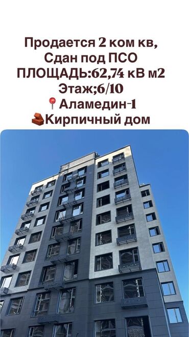 аренда квартира нижний аларча: 2 бөлмө, 62 кв. м, Элитка, 6 кабат, ПСО (өзү оңдоп түзөтүп бүтүү үчүн)