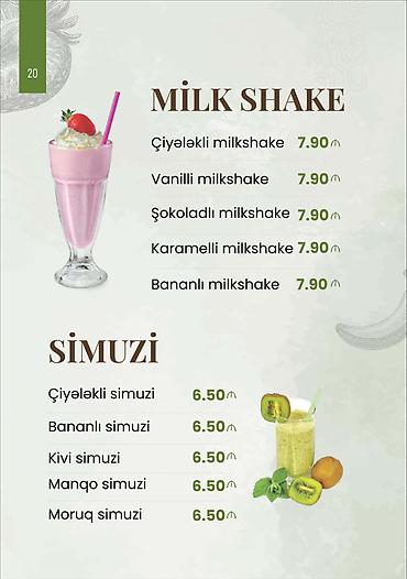 Чай, кофе, напитки: Milkshake və Simuzi menyusu Milkshake çeşidləri (300 ml şüşə qədəhdə — 1