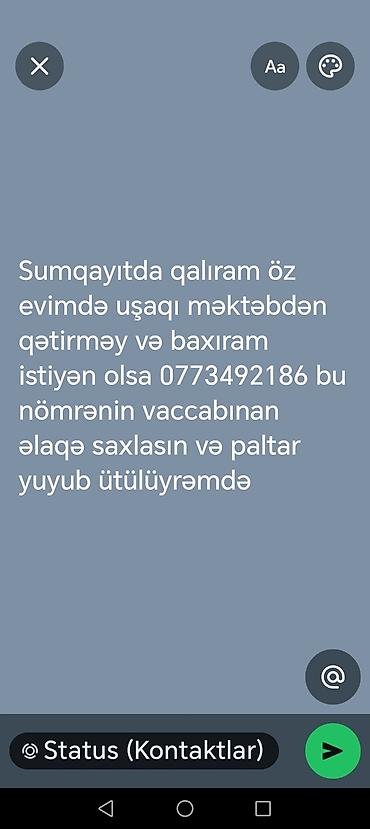 dayə işi 2026: Xidmət: Uşağın məktəbdən götürülməsi və gün ərzində nəzarət – üstəlik — 1