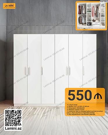 Dolablar: 6 qapılı ağ rəngli dolab. Minimalist və sadə dizayna malikdir, yataq — 1