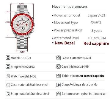 Ručni satovi: PAGANI DESIGN PD-1701 - 40mm - Crvena - Omega Speedmaster Potpuno nov — 6