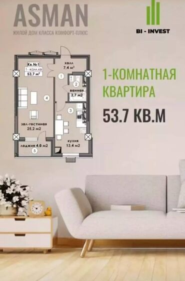 Долгосрочная аренда квартир: 1 комната, 53 м², Элитка, 8 этаж, ПСО (под самоотделку)