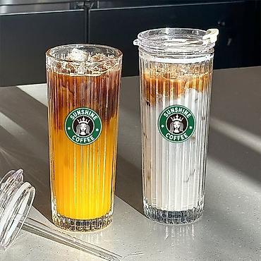 стаканы для лимонада: Высокие стеклянные стаканы Sunshine Coffee с крышкой и трубочкой - — 2
