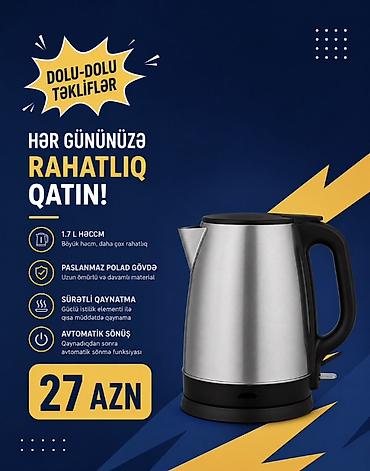 Elektrik çaydan – 1.7 L həcm - Paslanmayan polad gövdə: davamlı və — 1