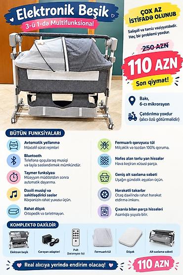 Beşiklər: Oğlan və qız üçün, İşlənmiş, Dördbucaq, Beşik, Matras ilə, Yellənmə mexanizmi ilə — 1