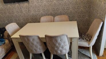işlenmiş masa desti: Qonaq otağı üçün, İşlənmiş, Açılan, Dördbucaq masa, 6 stul, Azərbaycan