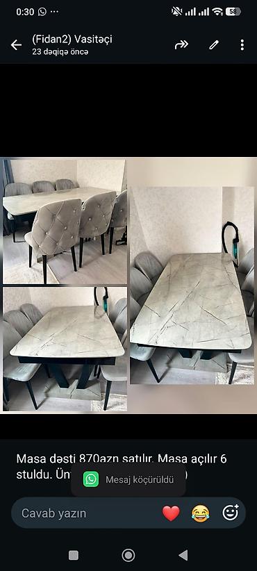 Masa dəsti 870azn satılır. Masa açılır 6 stuldu. Ünvan Binəqədi (fidan
