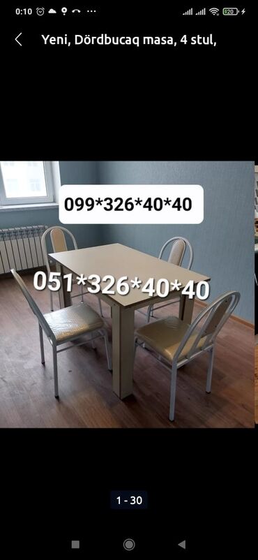 Masa və oturacaq dəstləri: Qonaq otağı üçün, Yeni, Açılmayan, Dördbucaq masa, 4 stul -da lalafo.az — 24 Masa və oturacaq dəstləri: Qonaq otağı üçün, Yeni, Açılmayan, Dördbucaq masa, 4 stul — 24