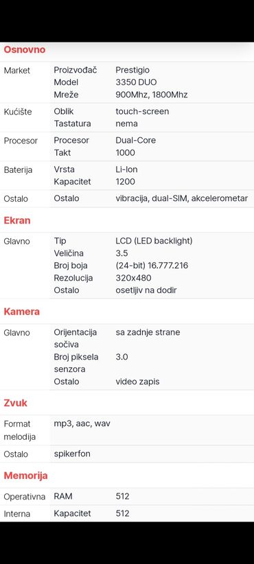 otkup polovnih telefona novi sad: Android marke Prestigio 3350 duo, mogu stati 2 kartice, crne boje