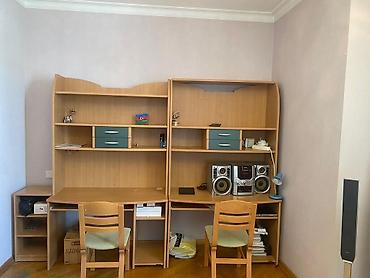 stol ofis: İkili işçi masa və rəf sistemi - Material: ağac teksturalı laminat - — 1
