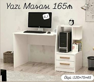 dirnaq stolu: Yazı masası – 165 ₼ Ağ rəngdə, funksional kompüter/iş masası. Sağ — 1