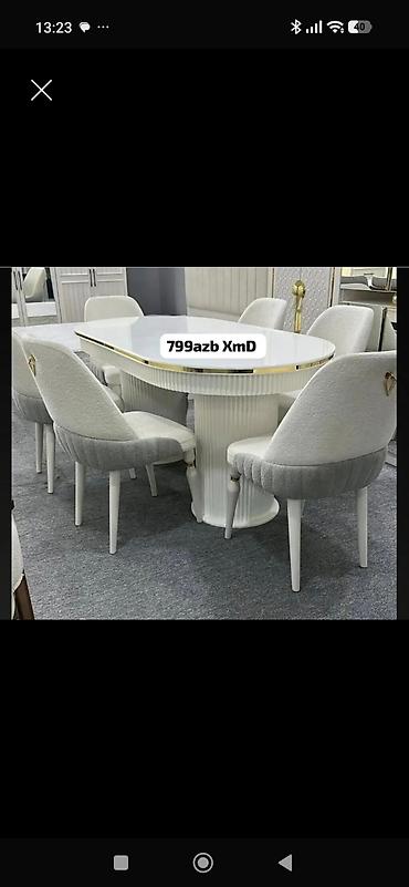 Yemək otağı dəsti – oval masa və 6 ədəd kreslo tipli stul - Rəng: ağ