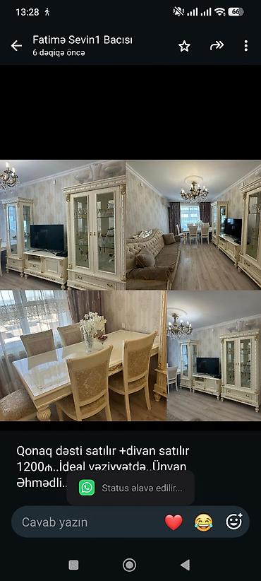 Qonaq dəsti satılır +divan satılır 1200₼. İdeal vəziyyətdə. Ünvan