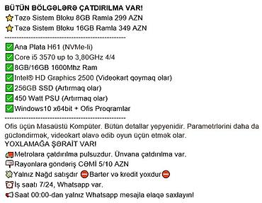 islemci: BÜTÜN BÖLGƏLƏRƏ ÇATDIRILMA VAR! ⭐Təzə Sistem Bloku 8GB Ramla 299 AZN — 2