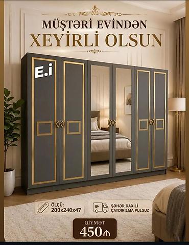 kreditle divan kreslo: - Məhsul: Geniş paltar şkafı - Rəng və dizayn: Tünd boz korpus, qızılı — 1