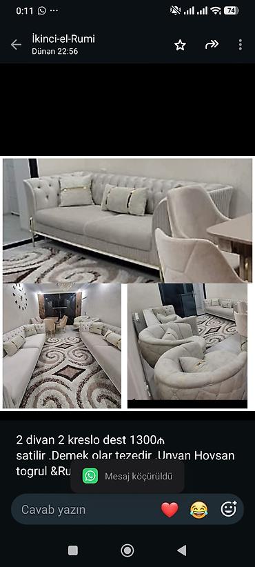 2 divan 2 kreslo dest 1300₼ satilir .Demek olar tezedir .Unvan Hovsan lalafo.az -da 2 divan 2 kreslo dest 1300₼ satilir .Demek olar tezedir .Unvan Hovsan