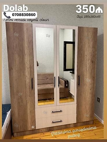 Ev üçün mebel: Dolab – 3 qapılı, 2 güzgülü model - Ölçü: 195×160×45 sm (şəkildə qeyd — 1