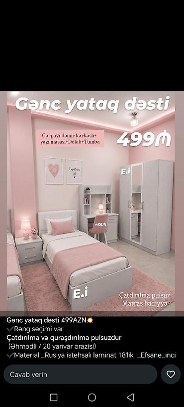 Uşaq mebeli: Gənc yataq dəsti – 499 AZN Dəst tərkibi: - Çarpayı (dəmır karkaslı) - — 1