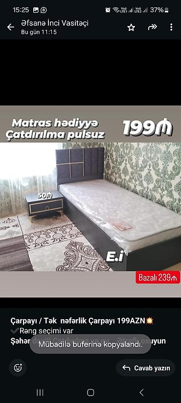 matras sifarisi: *Çarpayı 199AZN💥* Matras hədiyyə 🎁 . Ölçü 200x90 ✔️Rəng seçimi var — 2