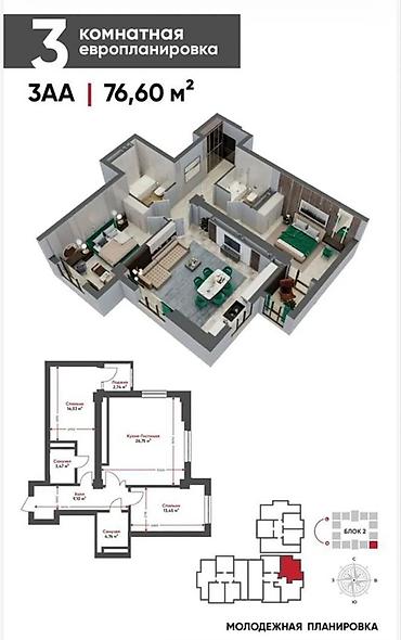 Продажа квартир: 3 комнаты, 77 м², Технопарк Элитка, 14 этаж, ПСО (под самоотделку) — 2