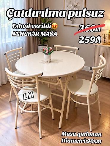 Yeni Mərmər Masa Dəsti - Qatlanan dairəvi masa + 4 stul - Masa