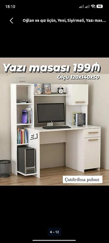 gənc odası: Yazı masası – 199₼ Ölçü: 120 x 140 x 50 sm Ağ rəngdə funksional iş — 1