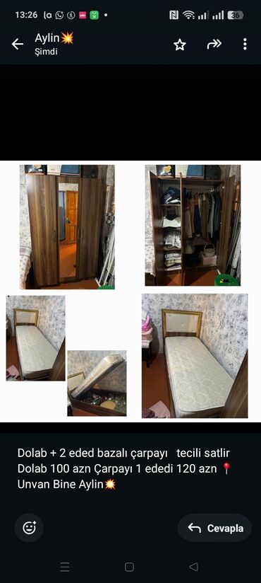 Uşaq və gənc otağı üçün dəstlər: Dolab + 2 eded bazalı çarpayı tecili satlir Dolab 100 azn Çarpayı 1