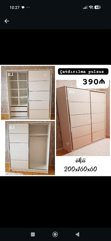 Ağ rəngdə sürgülü qapılı geyim dolabı - Ölçü: 200 x 160 x 60 sm -