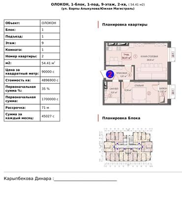 продажа квартир в бишкеке в рассрочку: 1 комната, 55 м², Элитка, 9 этаж, Косметический ремонт