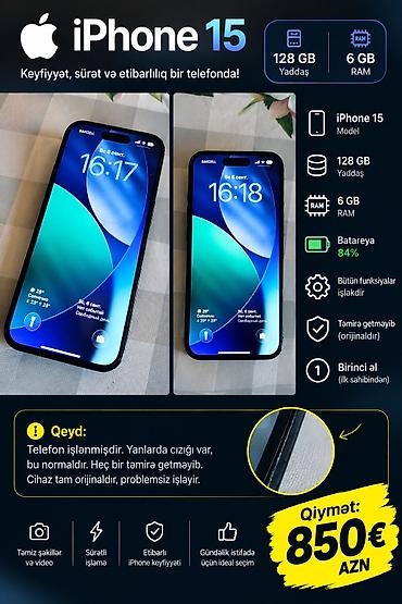 iphone 15 barter: IPhone 15, 128 GB, Black Titanium, Zəmanət, Simsiz şarj, Face ID — 1