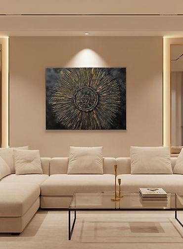 Şəkillər, tablolar: Tablolar, təkcə boya ilə deyil,əlavə işləmələrlə. Əl işidir. Kətan — 12