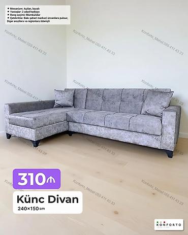 Divanlar: Künc divan – 240×150 sm - Mexanizm: açılan, bazalı (yataq funksiyası — 1