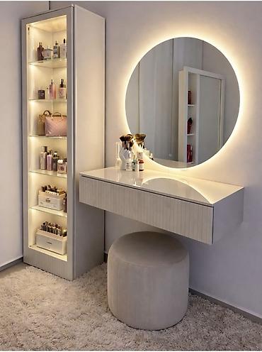 makiyaj stul: Mebel dəsti – LED işıqlı makiyaj masas(ları) və dairəvi güzgü - — 8