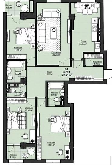 14: 4 комнаты, 120 м², Асанбай мкр Элитка, 13 этаж, ПСО (под самоотделку) — 2