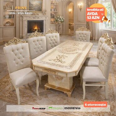 Masa və oturacaq dəstləri: Qonaq otağı üçün, Yeni, Açılmayan, Dördbucaq masa, 6 stul — 1