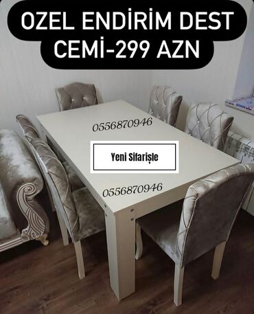 Masa və oturacaq dəstləri: Qonaq otağı üçün, Yeni, Açılmayan, Dördbucaq masa, 6 stul — 10